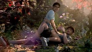 Two Until Dawn 2 characters helping each other in a jungle clearing